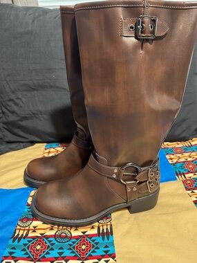 Brown Leather Mid-Calf Harness Boots